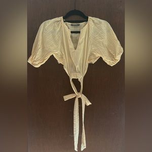 Yellow Boho Eyelet Embroidery Cottagecore Prairie Chic V Neck Tie Back Crop Top